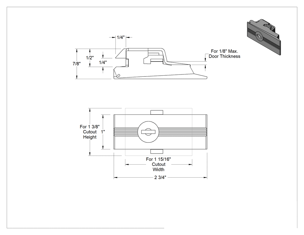 Teknik Çizim - Kürek Saplı İt-Kapat Mandalı, Anahtarlı Kilitli, Çinko Kaplı Çelik, 1" Yükseklik x 2-3/4" Genişlik