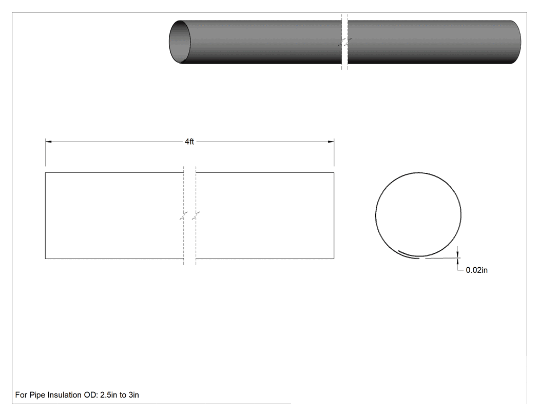 Teknik Çizim - PVC Boru Yalıtım Kılıfı, Yapışkan Şeritli, 0.02" Kalınlık, 2-1/2" ila 3" Dış Çap, 4 Fit Uzunluk