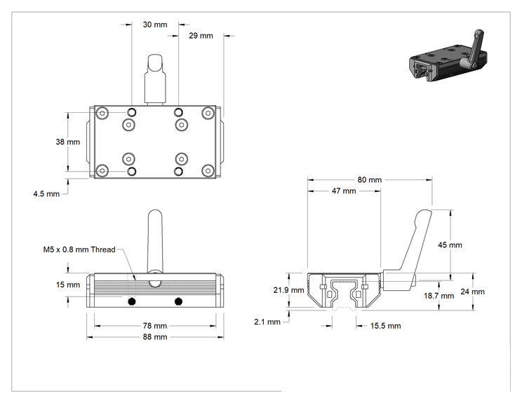 Teknik Çizim - Kilitlenebilir Yüksek Yük Raylı Makara Taşıyıcı, 15.500 mm genişliğinde ray için