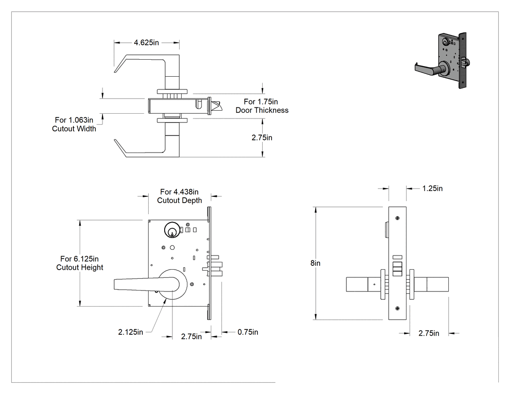 Teknik Çizim - Kaldırmaya Dayanıklı Yoğun Trafikli Kapı Kolu, Kendinden Kilitlenen, Schlage L9000, C Yiv, Paslanmaz Çelik