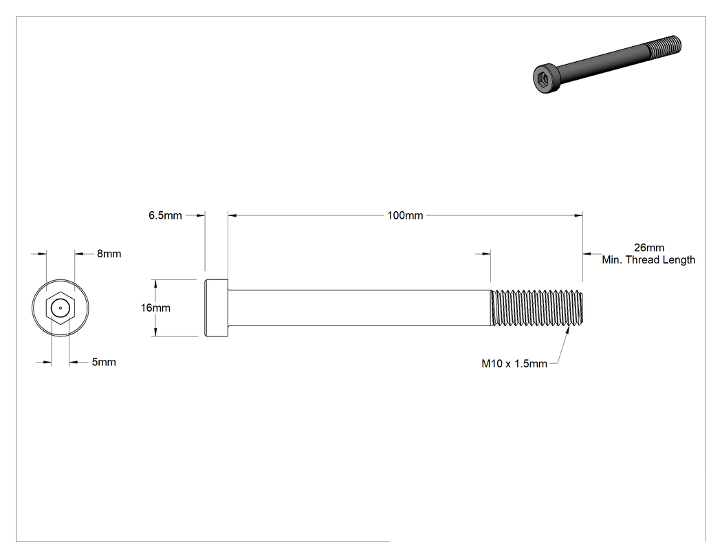 Teknik Çizim - Alaşımlı Çelik Düşük Profilli Alyan Başlı Vida, Girintili Altıgen, Siyah 8.8 Çelik, M10 x 1.5mm, 100 mm Uzunluk