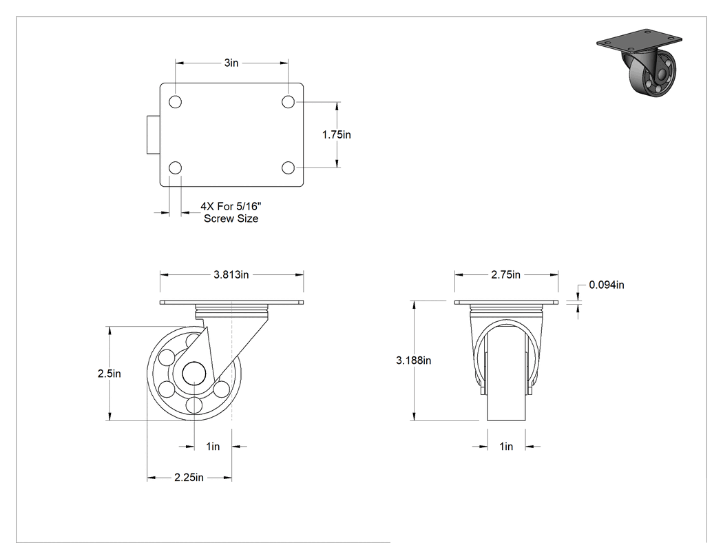 Teknik Çizim - Cart-Smart Tekerlek, 2-1/2" Çaplı Demir Tekerlekli Döner