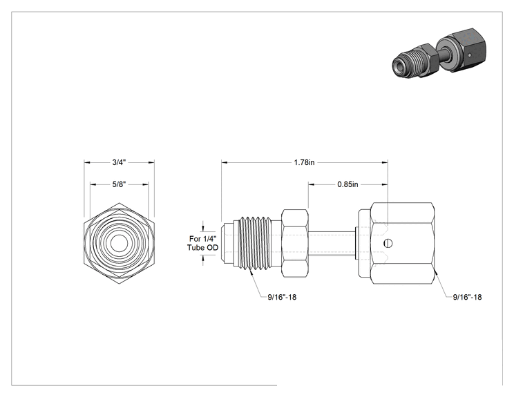 Teknik Çizim - Paslanmaz Çelik Boru için Ultra Parlak Conta Bağlantı Parçası, Adaptör, Sürekli Döner, 1/4" Boru Dış Çapı Dişi x Erkek için