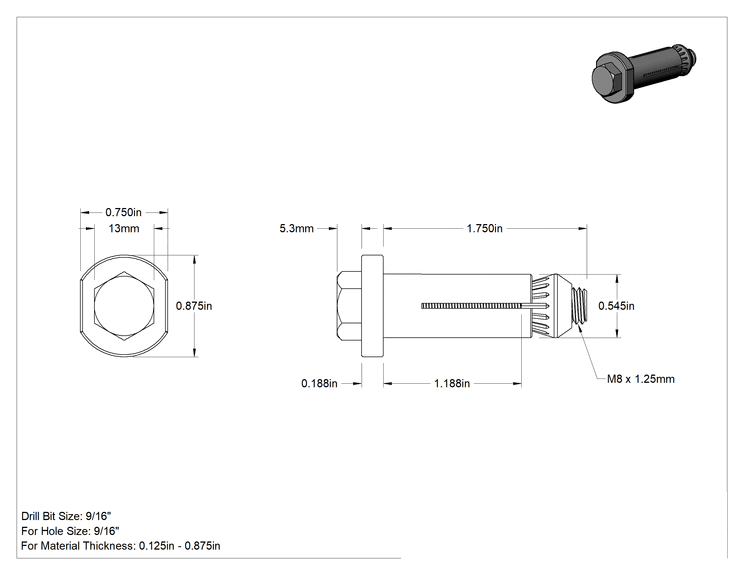 Teknik Çizim - Dar Alan Altıköşe Başlı Vida, M8 x 1.25 mm Diş, 1/8" ila 7/8" Malzeme Kalınlığı için