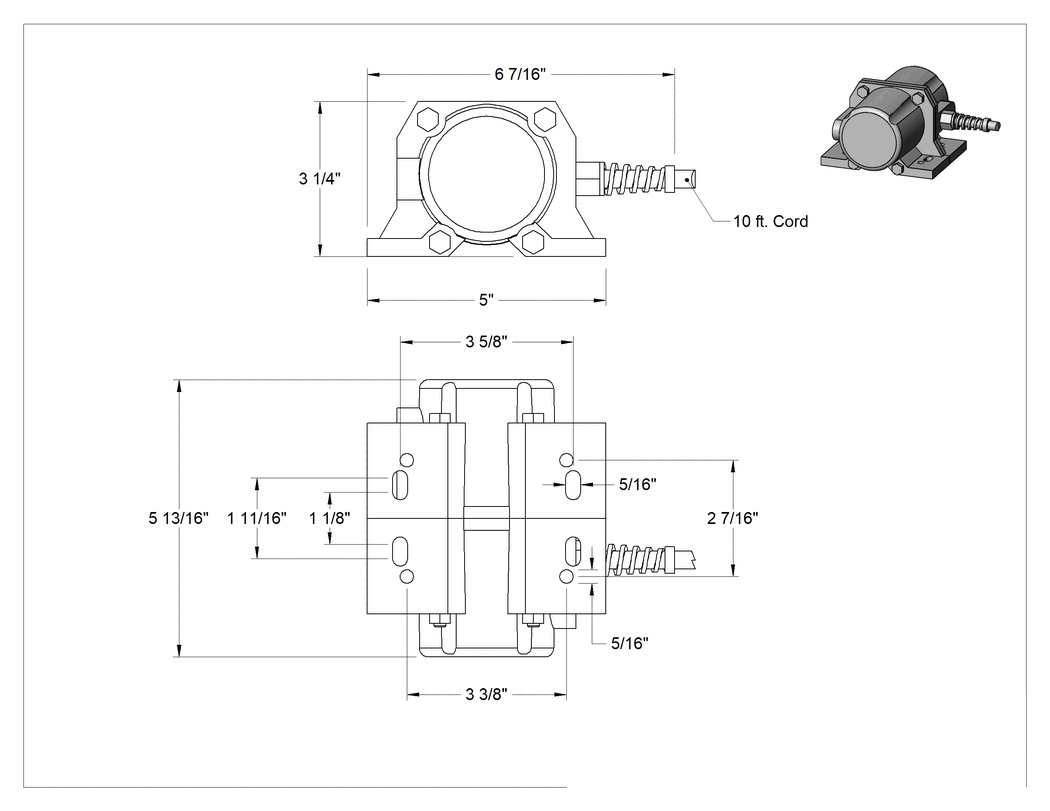 Teknik Çizim - Kuru Malzemeler için Ayarlanabilir Kuvvetli Elektrikli Vibratör, 120V AC, Cam Dolgulu Naylon Gövde