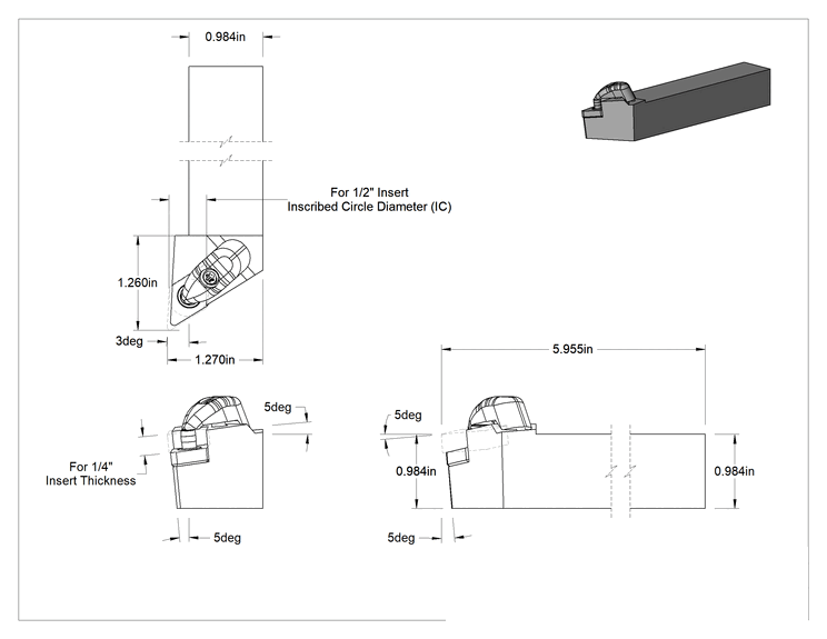 Teknik Çizim - Döner Karbür Uç Tutucu, Ddjn, Sol Yönlü, 1/2" iç çaplı daire çapı için, 1" Şaft Genişliği