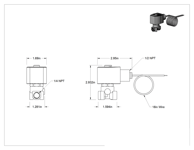 Teknik Çizim - Premium Kompakt Solenoid Açma/Kapama Valfi, Normalde Kapalı, 24V DC, 1/4 NPT Dişi, 0.06 Cv