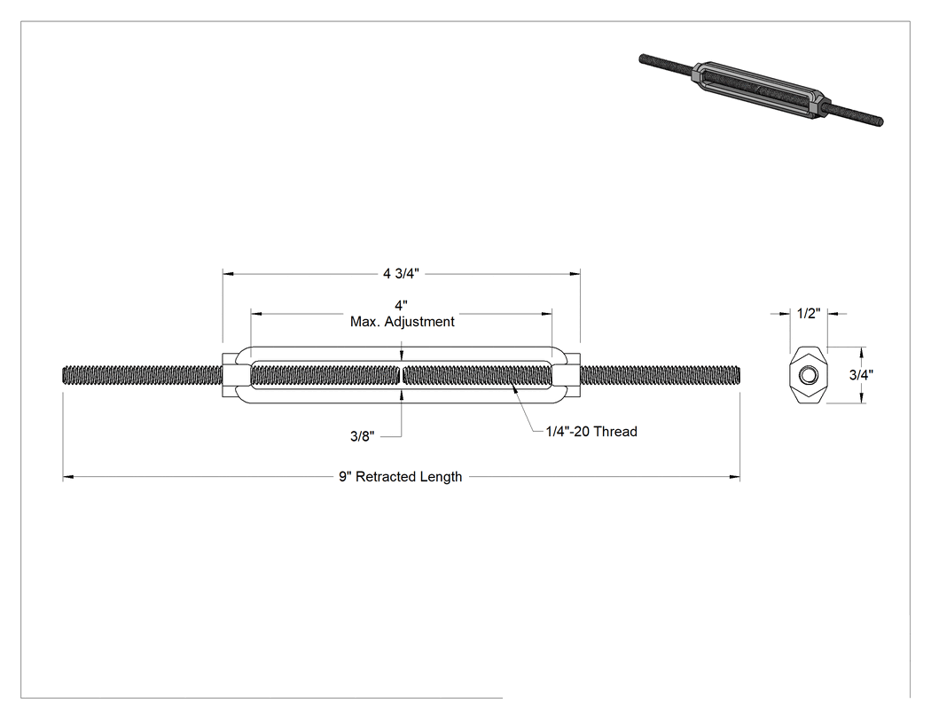 Teknik Çizim - 316 Paslanmaz Çelik Gerdirme - Kaldırma Amaçlı Değil, 1/4"-20 Dişli Saplama-Saplama, 500 lbs. Kapasite