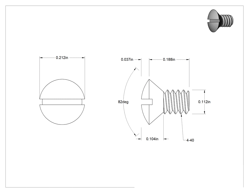 Teknik Çizim - Pirinç Oluklu Oval Başlı Vidalar, 4-40 Diş Boyutu, 3/16" Uzunluk