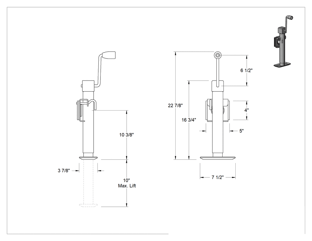 Teknik Çizim - Seviyeleme Krikosu, Dikdörtgen Plaka, Yan Tutamak, 10-3/8" ila 20-3/8" Yükseklik