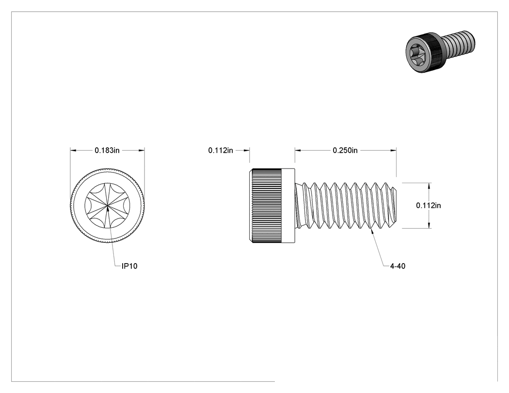 Teknik Çizim - Torx Alaşımlı Çelik Alyan Başlı Vidalar, 4-40 Diş Boyutu, 1/4" Uzunluk