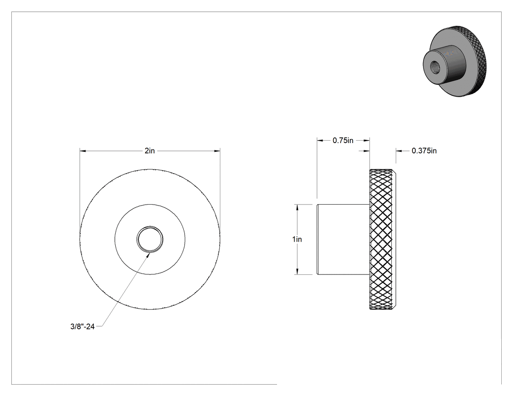 Teknik Çizim - Siyah Oksit Çelik Tırtıllı Tutma Düğmesi, 3/8"-24 Dişli Delikli, 2" Baş Çapı