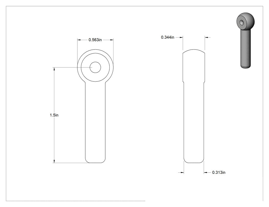 Teknik Çizim - Çubuk Ucu Cıvata Boşluğu, 5/16" Şaft Çapı, 1-1/2" Şaft Merkez Uzunluğu