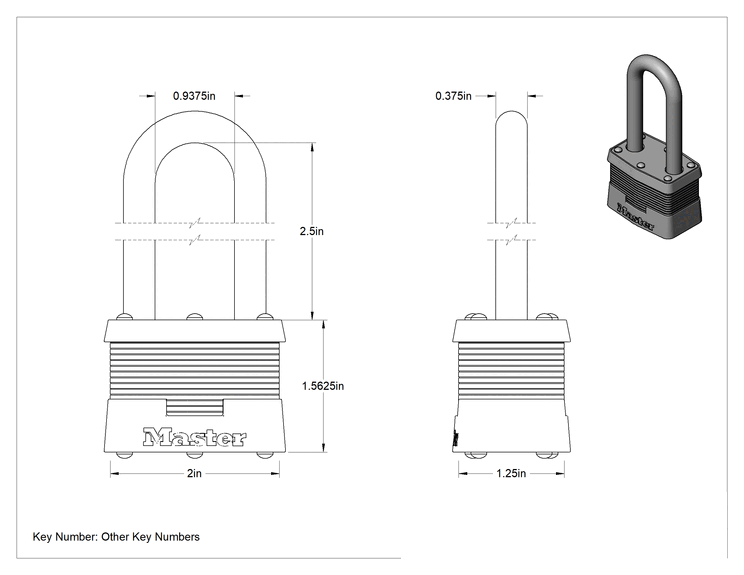 Teknik Çizim - Lamine Çelik Gövdeli Asma Kilit, Master Lock 5 Aynı Anahtarlı, 2-1/2" Dikey Boşluklu