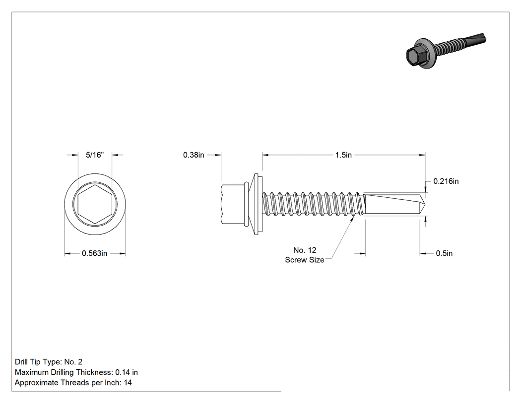 Teknik Çizim - Metal için Pullu Delme Vidaları, Paslanma ve Aşınmaya Dayanıklı Çelik, 12 Numaralı Boyut, 1.5" Uzunluk, 2 Numara Matkap Ucu
