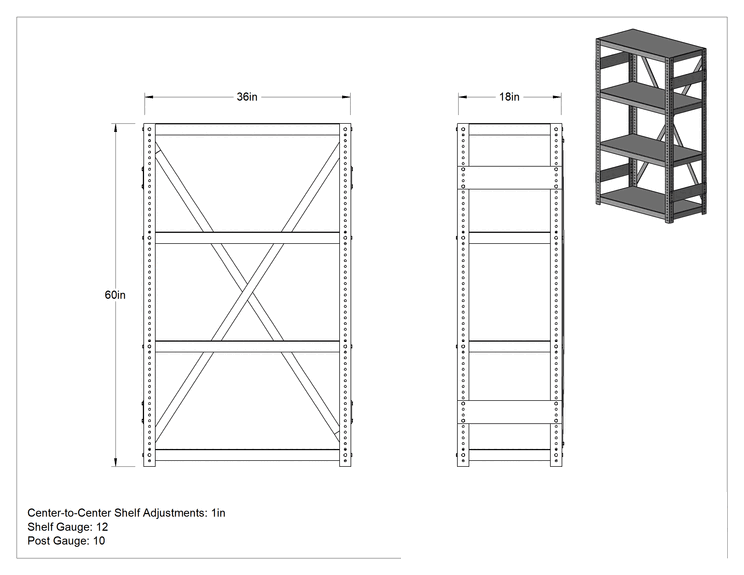 Teknik Çizim - Brute Raf Sistemi, 4 Raflı Açık, 36" Genişlik x 60" Yükseklik x 18" Derinlik