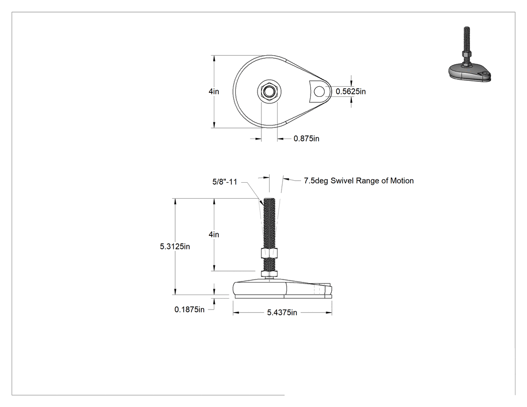 Teknik Çizim - Cam Dolgulu Naylon Sabit Dönen Seviyeleme Montaj Parçası, Yastıklı ve 4" Uzun 5/8"-11 303 Paslanmaz Çelik Saplama, 1 Ofset Delik