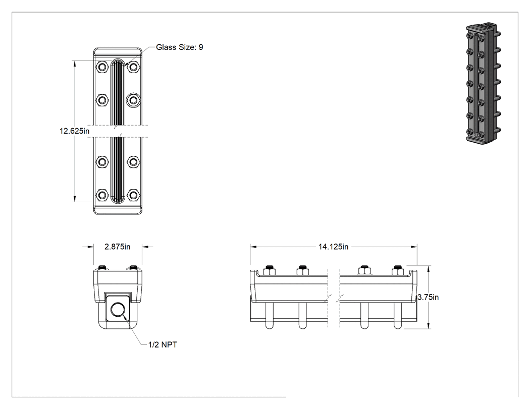 Teknik Çizim - Ağır Hizmet Tipi Sıvı Seviye Göstergeleri, 14-1/8" Toplam Yükseklik