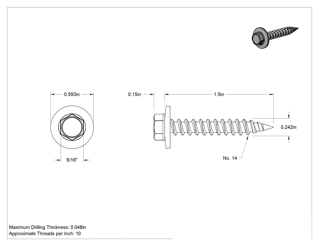 Teknik Çizim - Sac Metali Ahşaba Birleştirmek için Vidalar, Paslanma ve Aşınmaya Dayanıklı Kaplamalı Çelik, 14 Numaralı Boyut, 1-1/2" Uzunluk