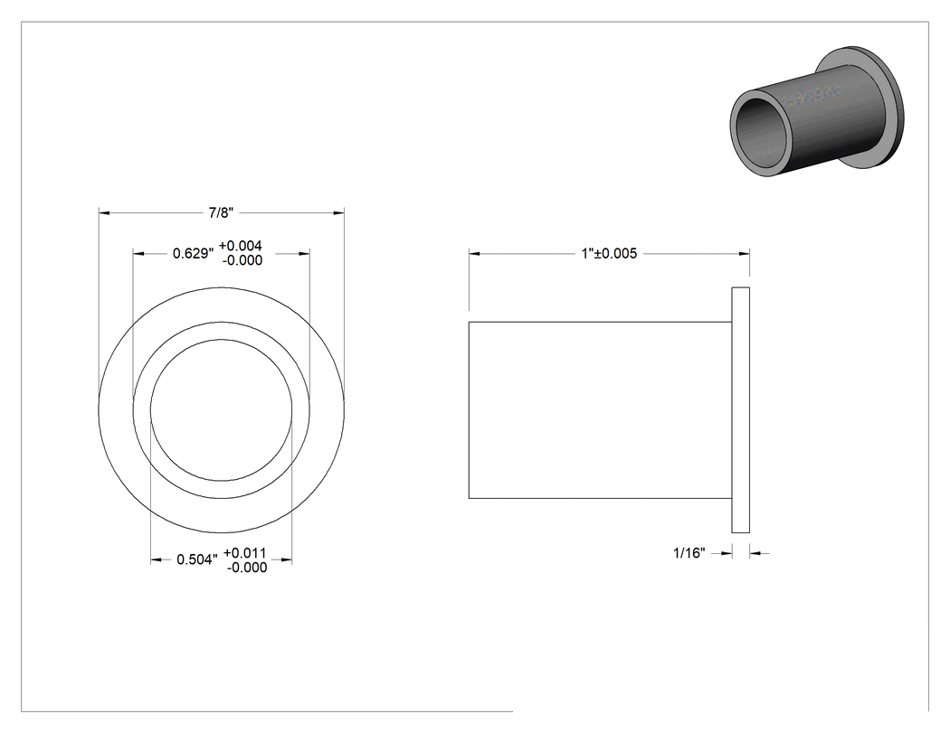 Teknik Çizim - Gıda ve İçecek Sektörü için Kuru Çalışan Burçlu Yatak, 7/8" X1/16" Flanş, 1/2" Mil ve 5/8" Yuva İç Çapı için, 1" Uzunluk