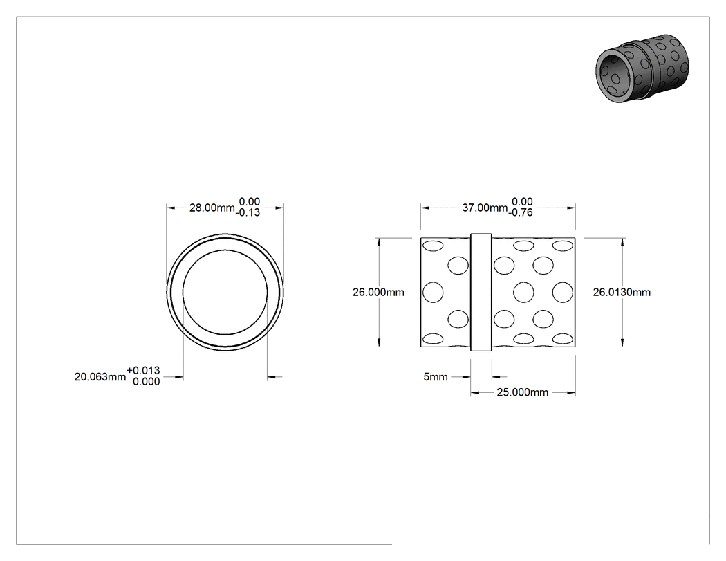 Teknik Çizim - Kendinden Yağlamalı Ejektör Pimi Burcu, 20 mm İç Çap, 28 mm Dış Çap, 37 mm Uzunluk