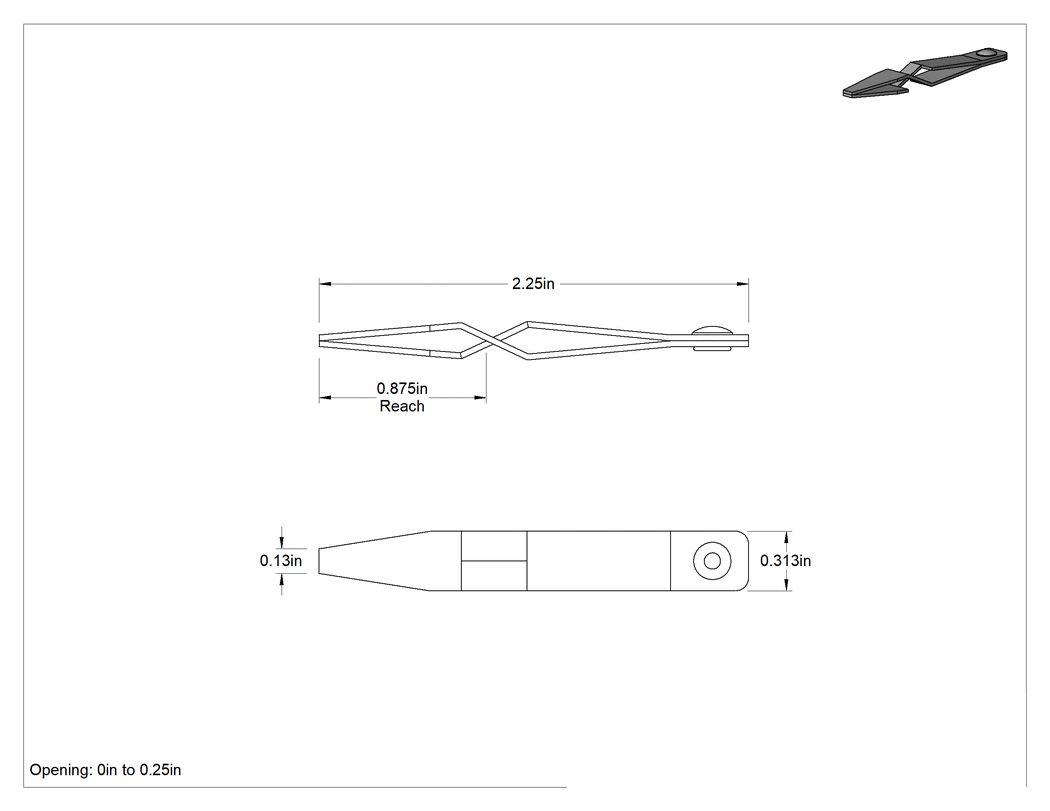 Teknik Çizim - Minyatür Yaylı Kelepçe, Çelik, Düz Tutamak, 1/4" Maksimum Açıklık