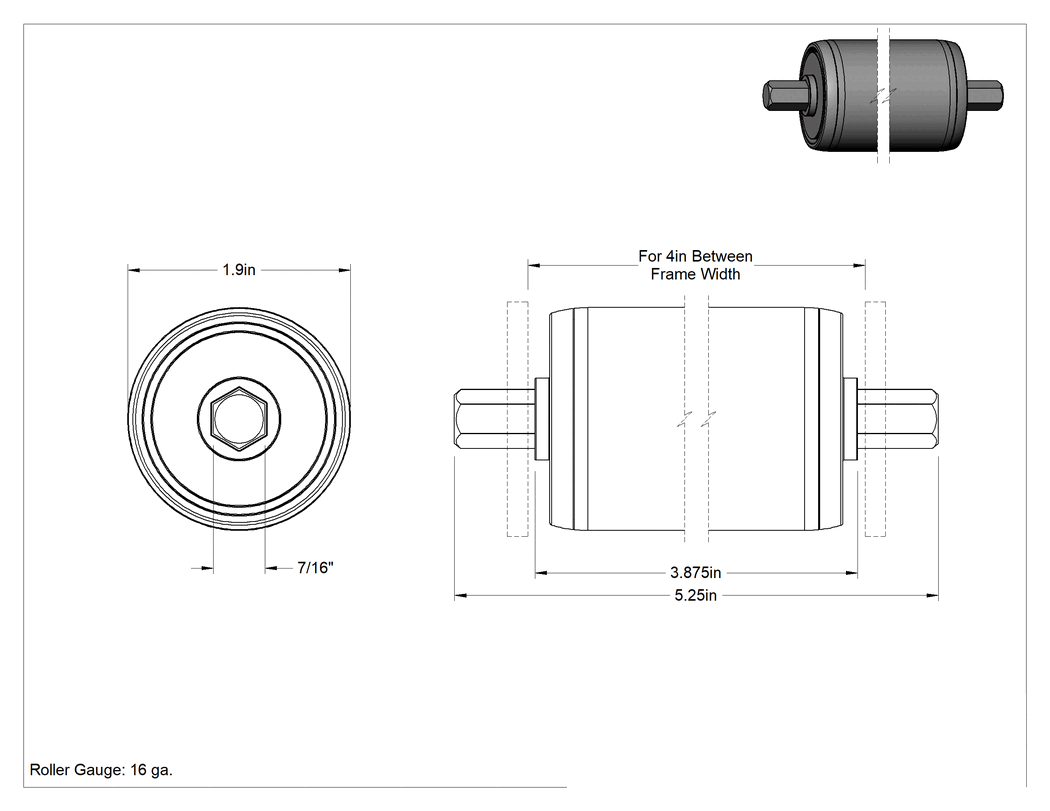 Teknik Çizim - 1.9 inç Çaplı Paslanma ve Aşınmaya Dayanıklı Konveyör Makarası, 7/16" Altıgen Mil, 4" Çerçeve Aralığı için