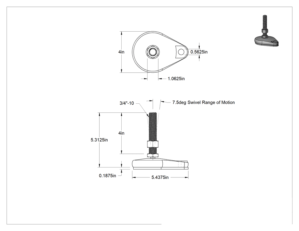 Teknik Çizim - Cam Dolgulu Naylon Sabit Dönen Seviyeleme Montaj Parçası, Yastık ve 4" Uzun 3/4"-10 303 Paslanmaz Çelik Saplama, 1 Ofset Delik