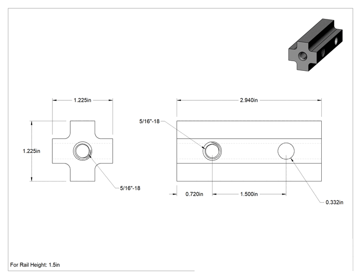 Teknik Çizim - 1-1/2" Ray için 2-15/16" Uzunlukta Bağlantı Elemanı Yüksek Alüminyum Cıvatalı Çerçeve