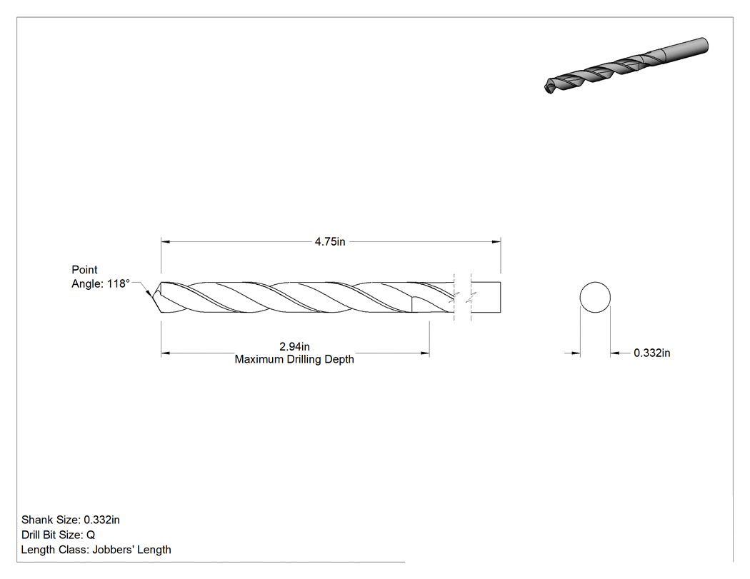 Teknik Çizim - Kaplamasız Yüksek Hız Çeliği Matkap Ucu, Jobber, Q Uç Ölçüsü, 4-3/4" Toplam Uzunluk