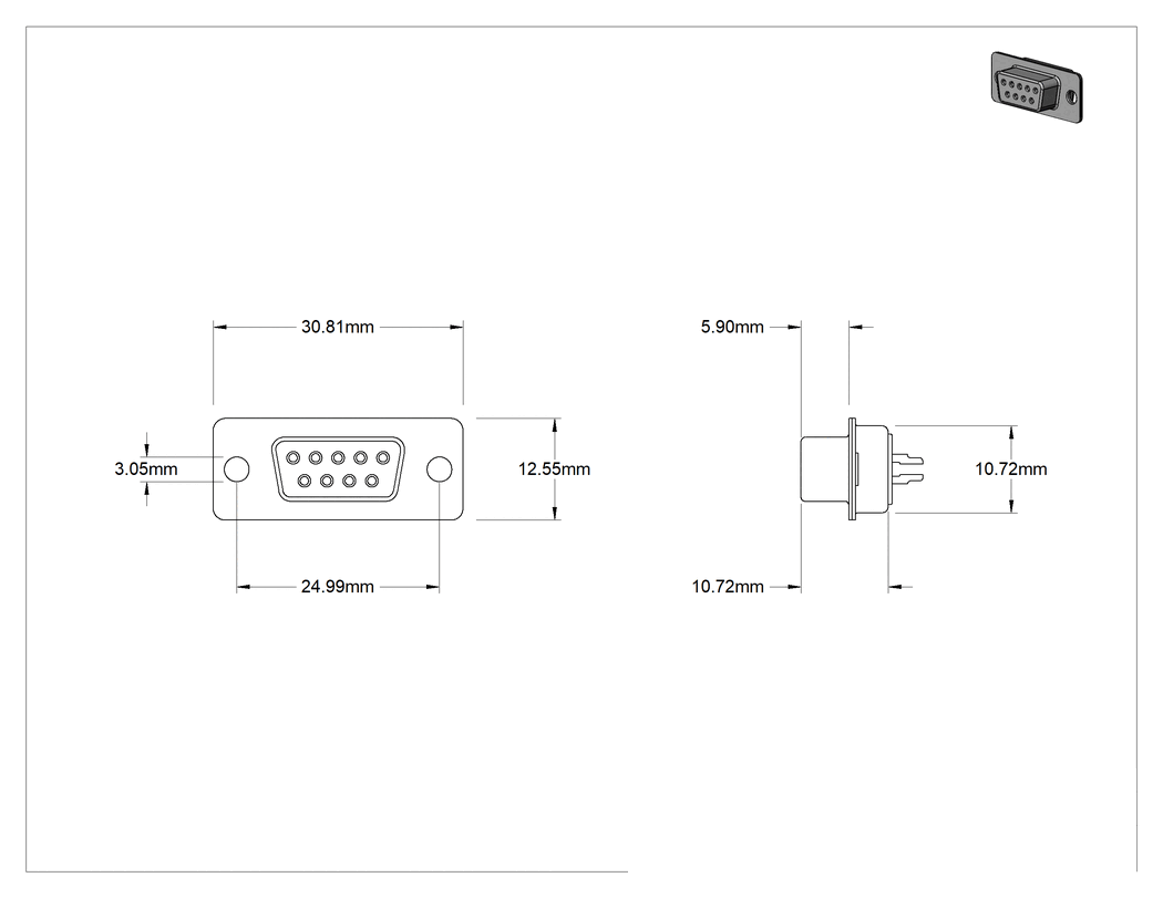 Teknik Çizim - Filtreli D-Sub Konektörler, 20 AWG için DB9 Korumalı Soket