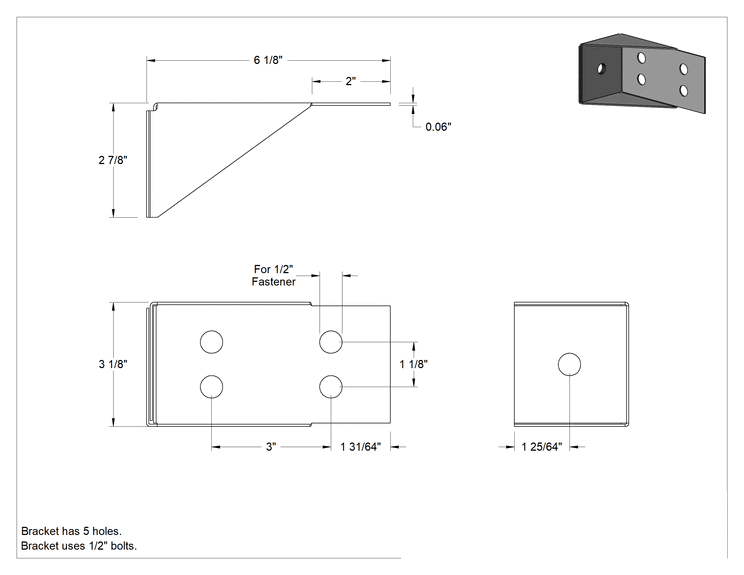 Teknik Çizim - Köşe Braketi, 316 Paslanmaz Çelik, 2-7/8" x 6-1/8" x 3-1/8"