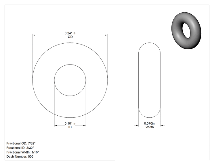 Teknik Çizim - Su ve Buhara Dayanıklı Sert EPDM O-Ringler, 1/16 Kesirli Genişlik, Dash Numarası 005