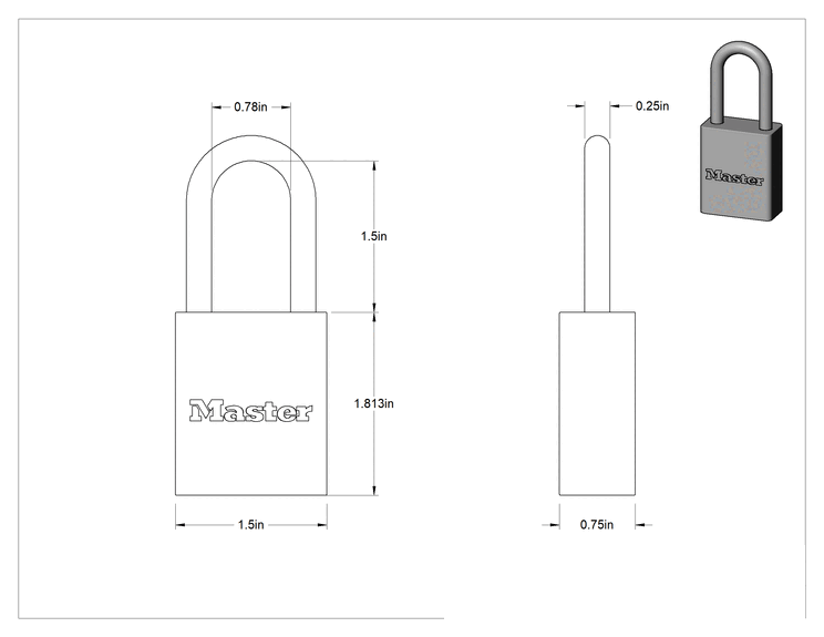 Teknik Çizim - Masif Eloksallı Alüminyum Kilitli Asma Kilit, Aynı Anahtarlı, American Lock 1106, Mavi Gövde
