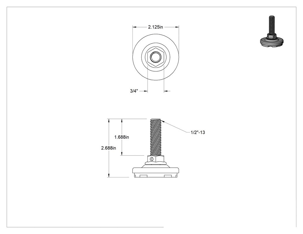 Teknik Çizim - Titreşim Sönümleyici Sert Seviyeleme Montaj Parçası, 1/2"-13 Dişli Saplamalı, 75 lbs. Kapasite
