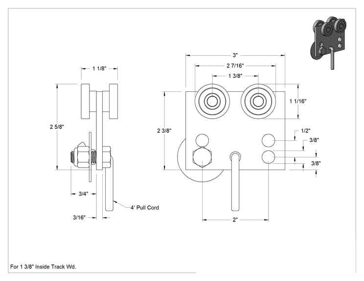 Teknik Çizim - 100 lb. Kapasiteli Kapılar için Kavisli Makaralı Raylı Çekme Taşıyıcısı, Perdeler ve Şerit Kapılar