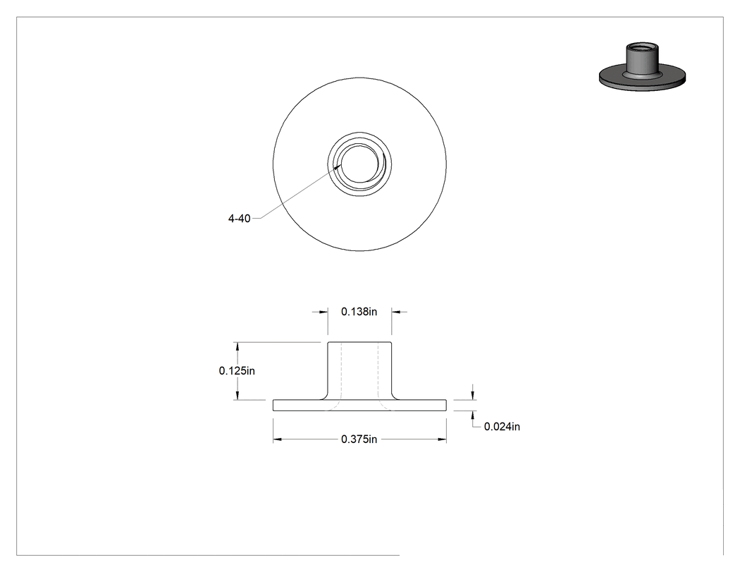 Teknik Çizim - Çelik Yuvarlak Tabanlı Kaynak Somunu, 4-40 Diş Boyutu, 0.138" Çap x 1/8" Yükseklikli Namlu