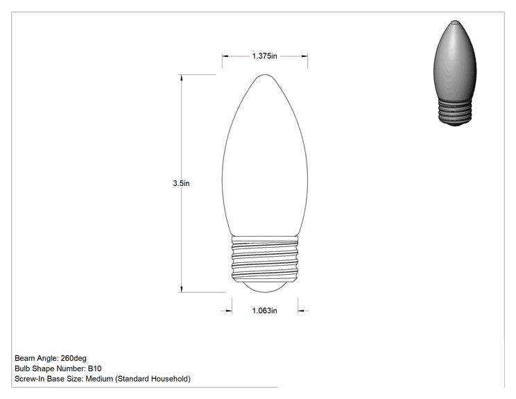 Teknik Çizim - Vidalı Taban Ampul, B10, 120V, 60W Eşdeğeri, LED