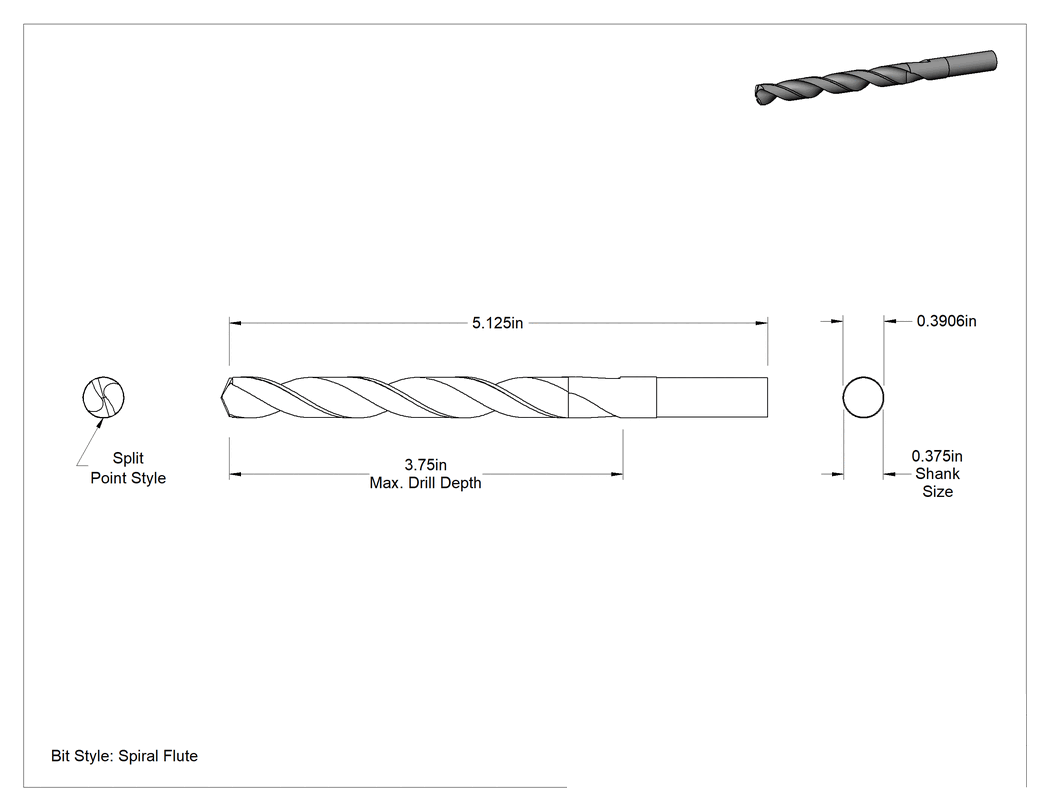 Teknik Çizim - 3/8" Çaplı Daraltılmış Şaftlı Matkap Ucu, 25/64" Boyut