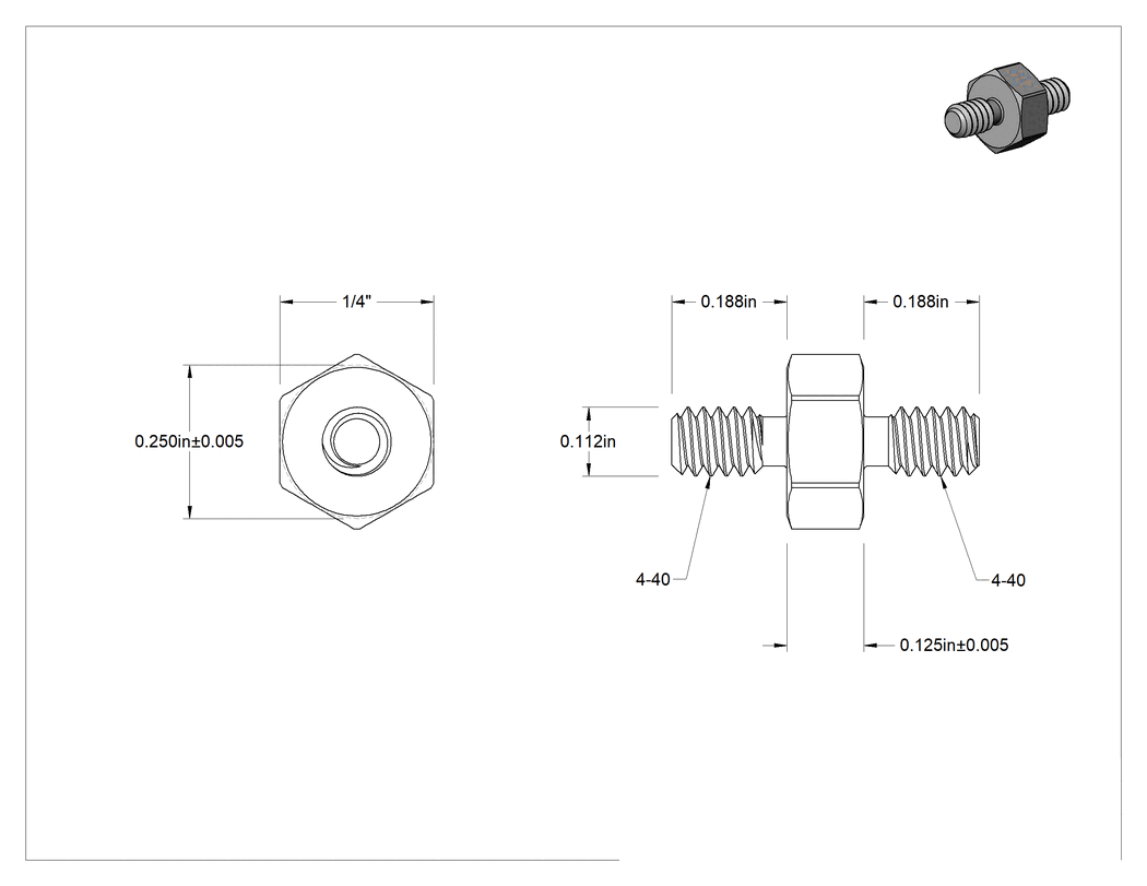 Teknik Çizim - 18-8 Paslanmaz Çelik Erkek Altıgen Dişli Adaptör, 1/4" Dış Çap, 1/8" Uzunluk, 4-40 Diş Boyutu