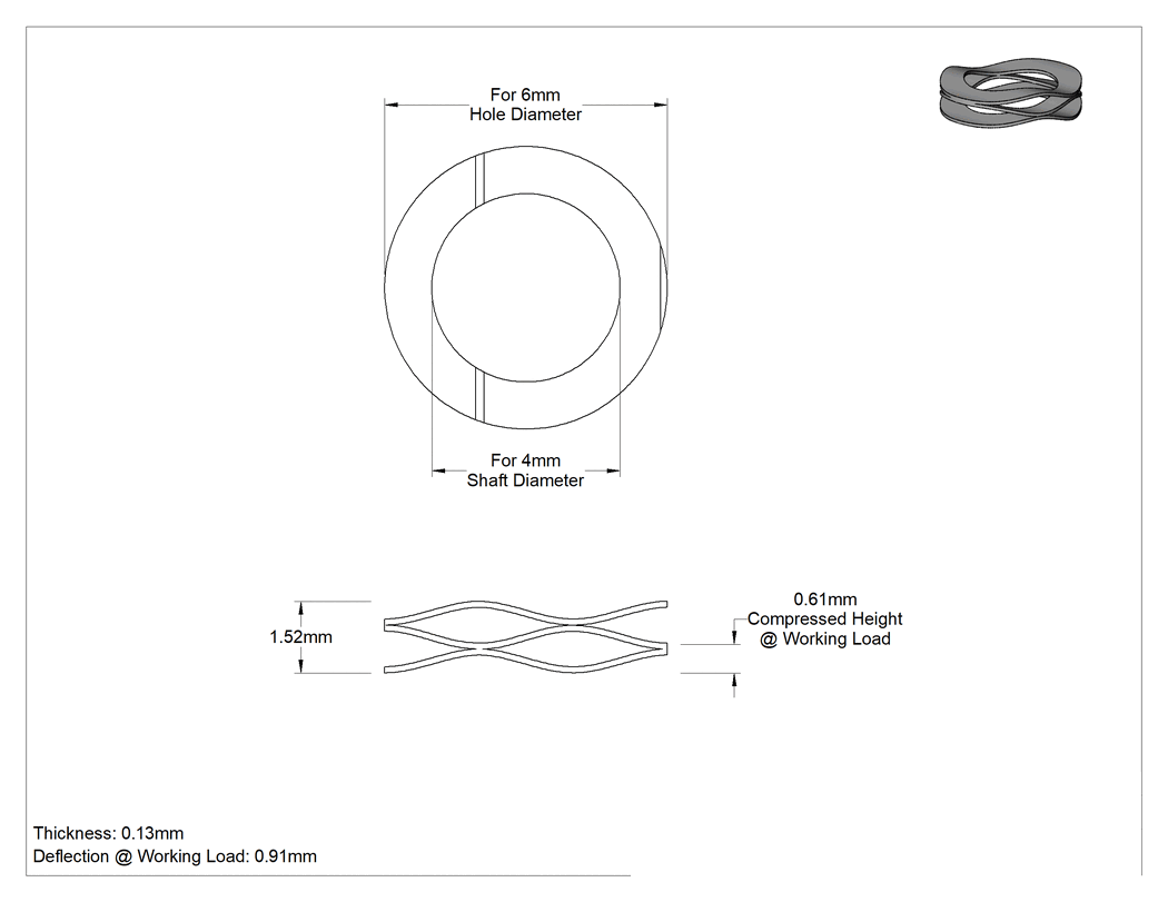 Teknik Çizim - Paslanma ve Aşınmaya Dayanıklı Yığılmış Dalgalı Disk Yay, Standart, 4 mm Mil Çapı için, 0.13 mm Kalınlık, 0.61 mm Yükseklik