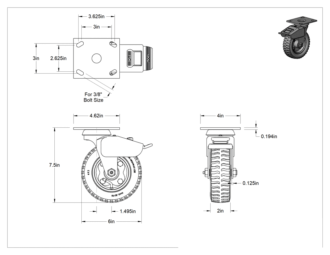 Teknik Çizim - 4-1/2" x 4" Plakalı Tekerlek, Pnömatik Döner Tekerlek, Kilit ve 6 inç Gri Lastik Tekerlek