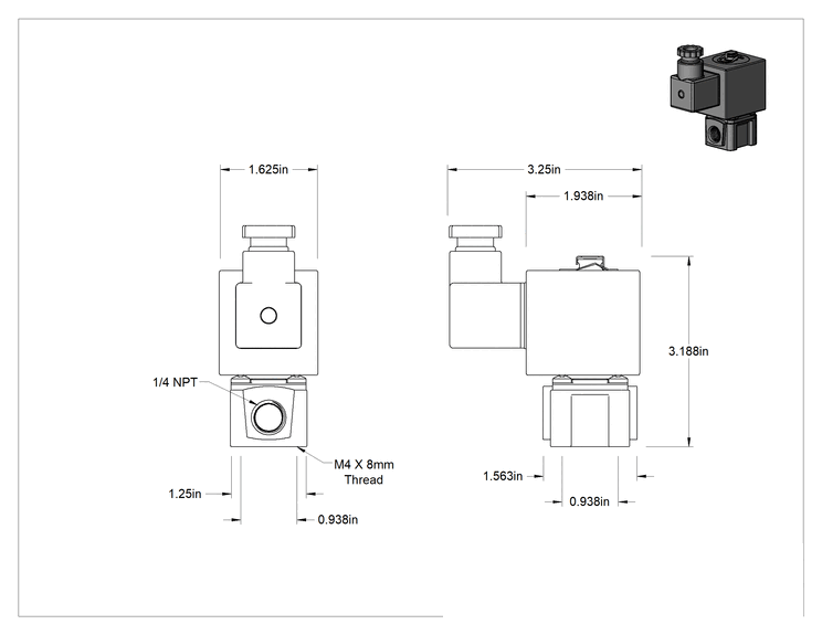 Teknik Çizim - Pirinç Gövdeli Kompakt Solenoid Açma/Kapama Vanası, DIN Bağlantı, Kapalı, 24V AC, 1/4 NPT Dişi, 0.35 Cv