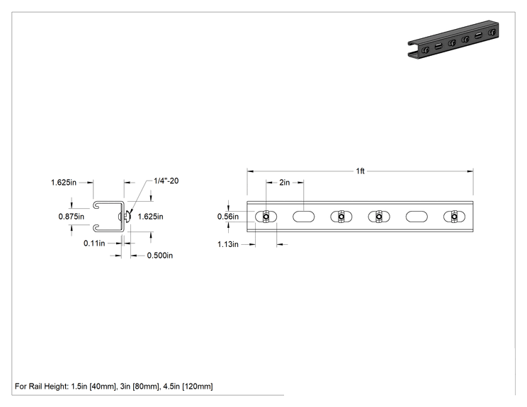 Teknik Çizim - T-Yivli Çerçeveleme için Strut Kanalı, Çinko Kaplı Çelik, 1.5" ve 40 mm Yüksekliğinde Tek Ray için, 1 fit Uzunluk