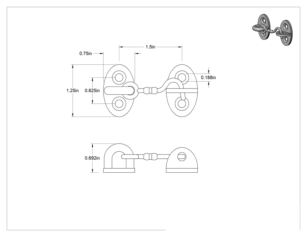 Teknik Çizim - 1.5" Kol Uzunluğuna Sahip Krom Pirinç Salıncak Kanca Mandalı