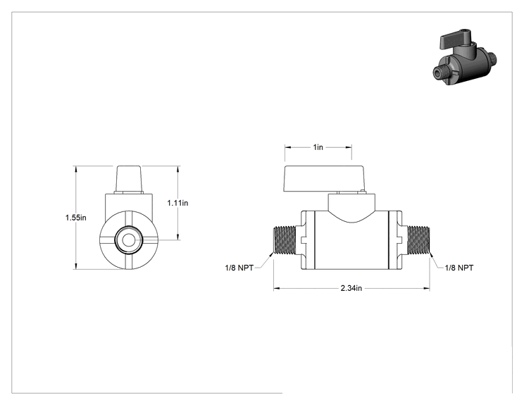 Teknik Çizim - Koyu Gri PVC Açma/Kapama Vanası, Kompakt, Siyah, 1/8 NPT Erkek x 1/8 NPT Erkek, 1.5 Cv