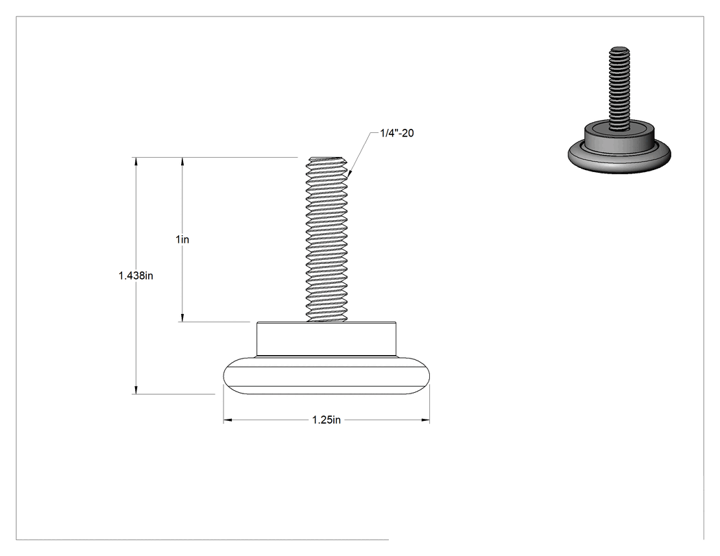 Teknik Çizim - Çinko Kaplı Çelik Saplamalı Sert Tesviye Bağlantı Elemanları, Kolay Kaydırma, Nikel Kaplı Çelik Kaydırıcı, 1" Uzunluk 1/4"-20 Diş