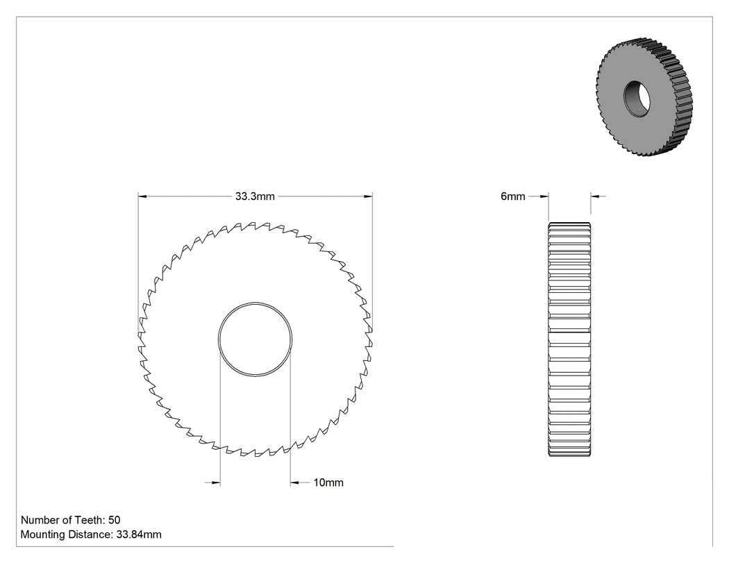 Teknik Çizim - Metal Cırcır Dişlisi, 6 mm Yüz Genişliği, 50 Diş, 6 mm Toplam Genişlik