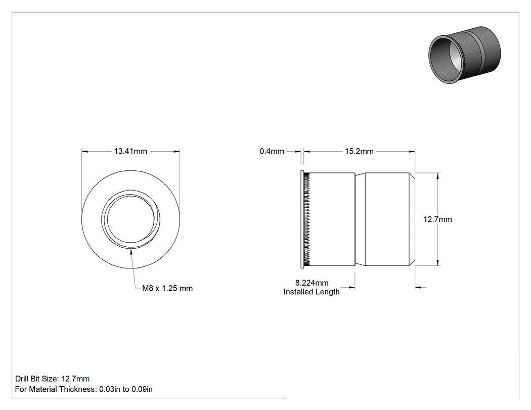 Teknik Çizim - Metrik Düşük Profilli Pop Somun, Kalay-Çinko Kaplı Çelik, M8x1.25 İç Diş, 15.2 mm Uzunluk