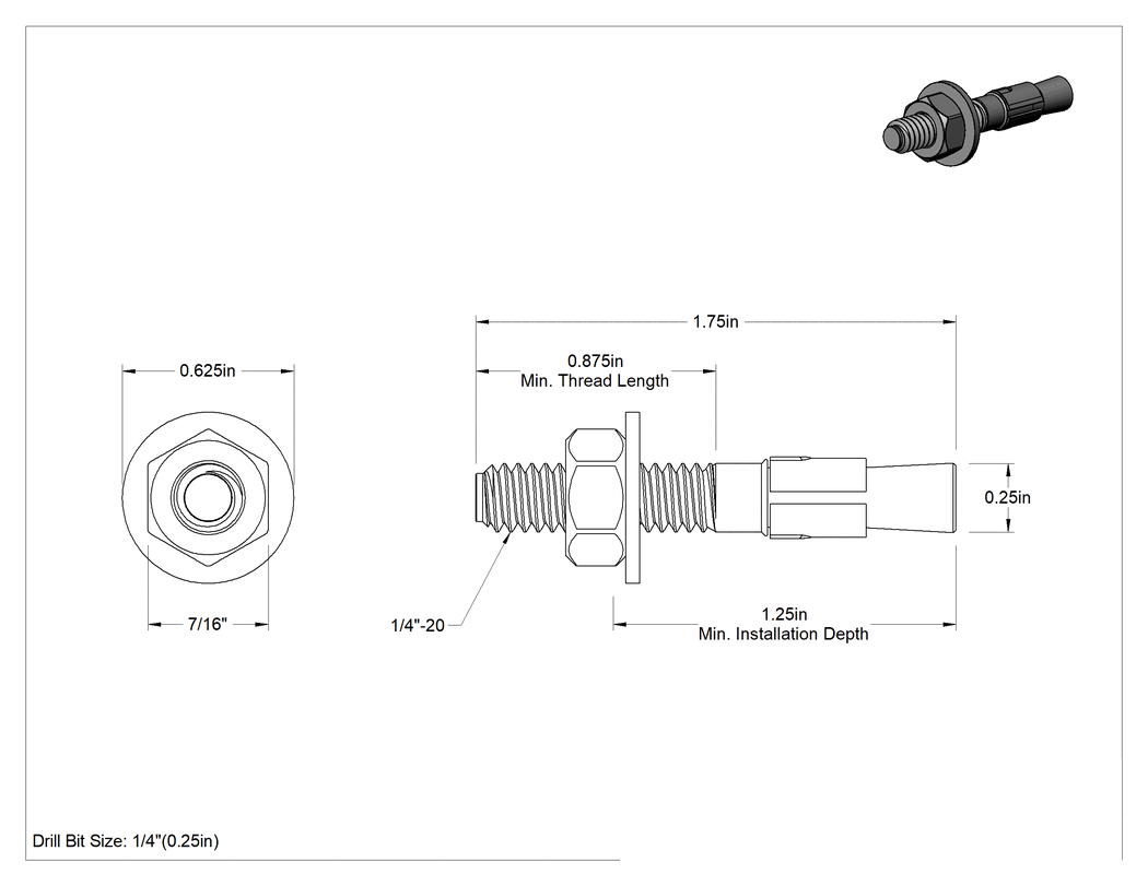 Teknik Çizim - Beton için Çelik Kamalı Dübeller, Sarı Kromat Kaplamalı Çinko, 1/4" Çap, 1-3/4" Uzunluk